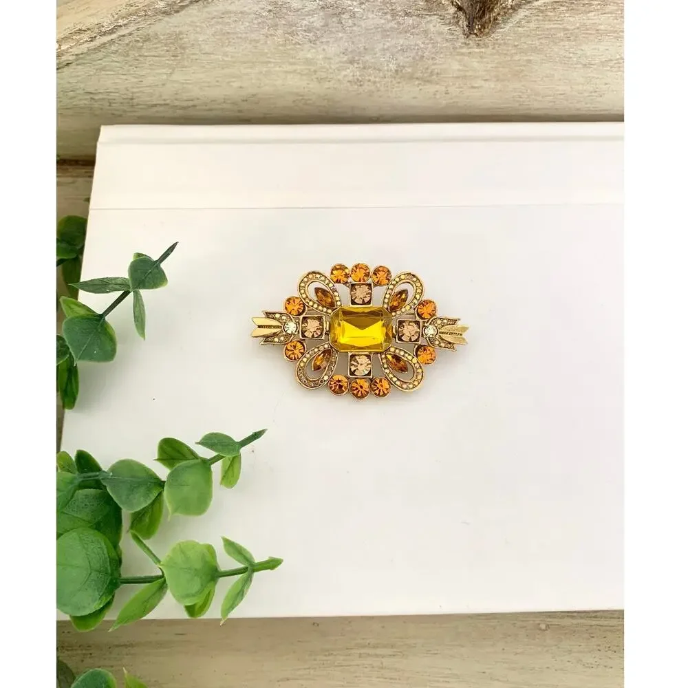 Vintage Amber Citrine Tone Rhinestone Brooch Gold Tone Statement Pin Cocktail